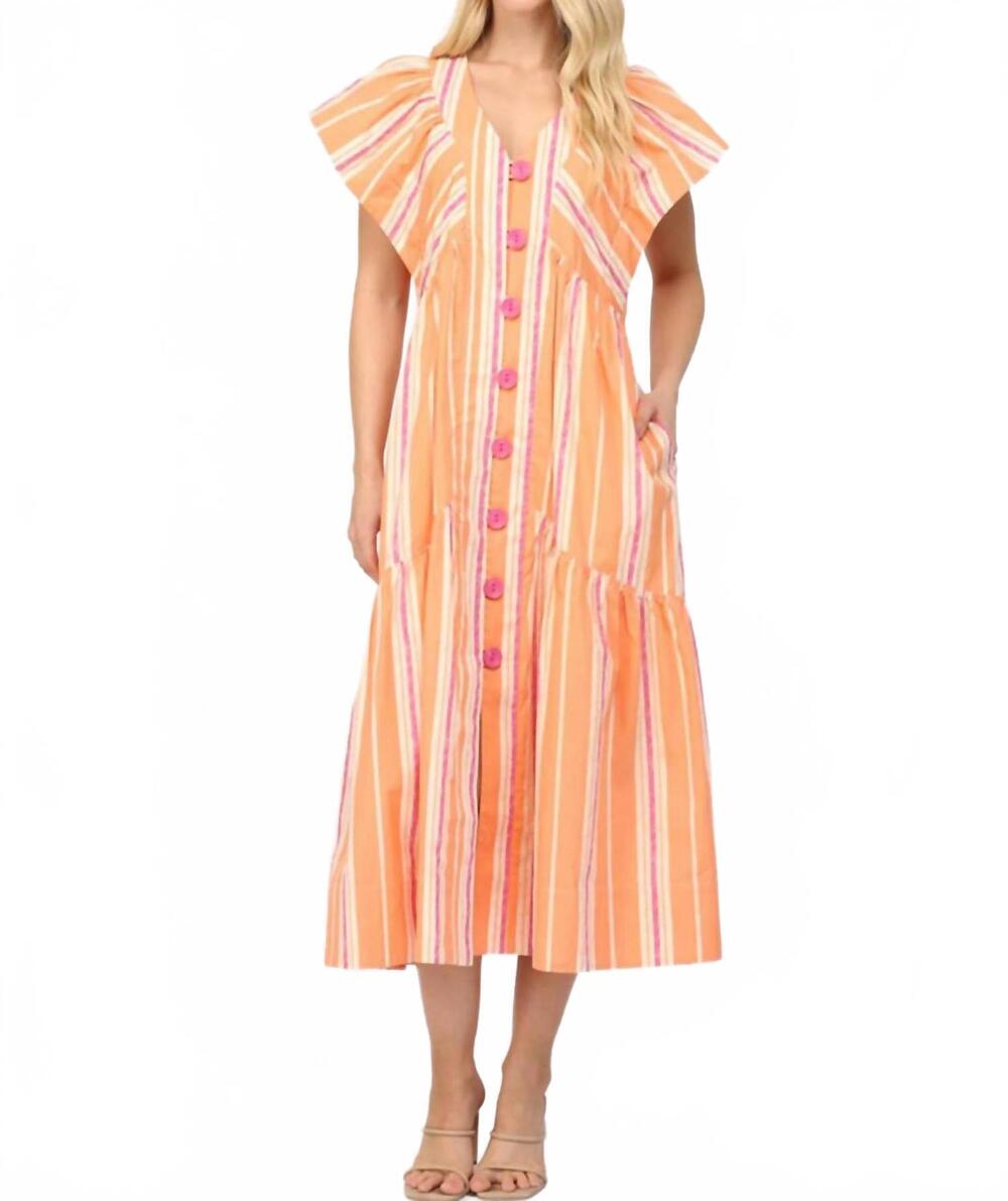 NEW FATE stripe v-neck midi dress with swirl button in orange multi